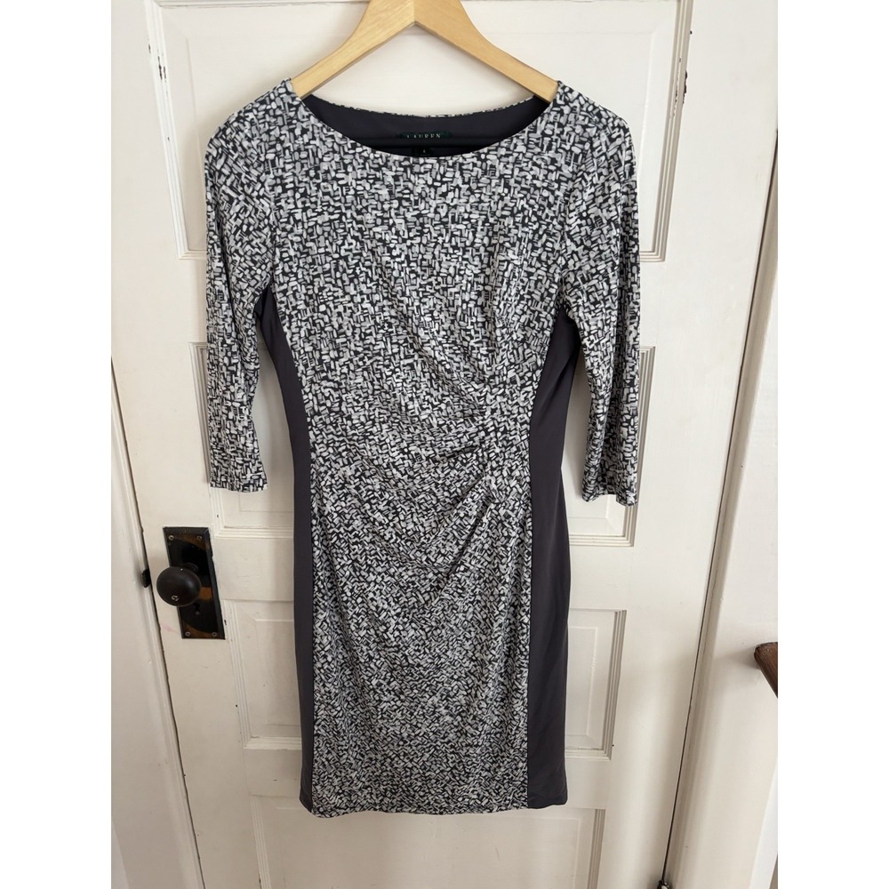 Lauren Ralph Lauren Women's Grey Print Sheath Dress Ruched Side Size 6